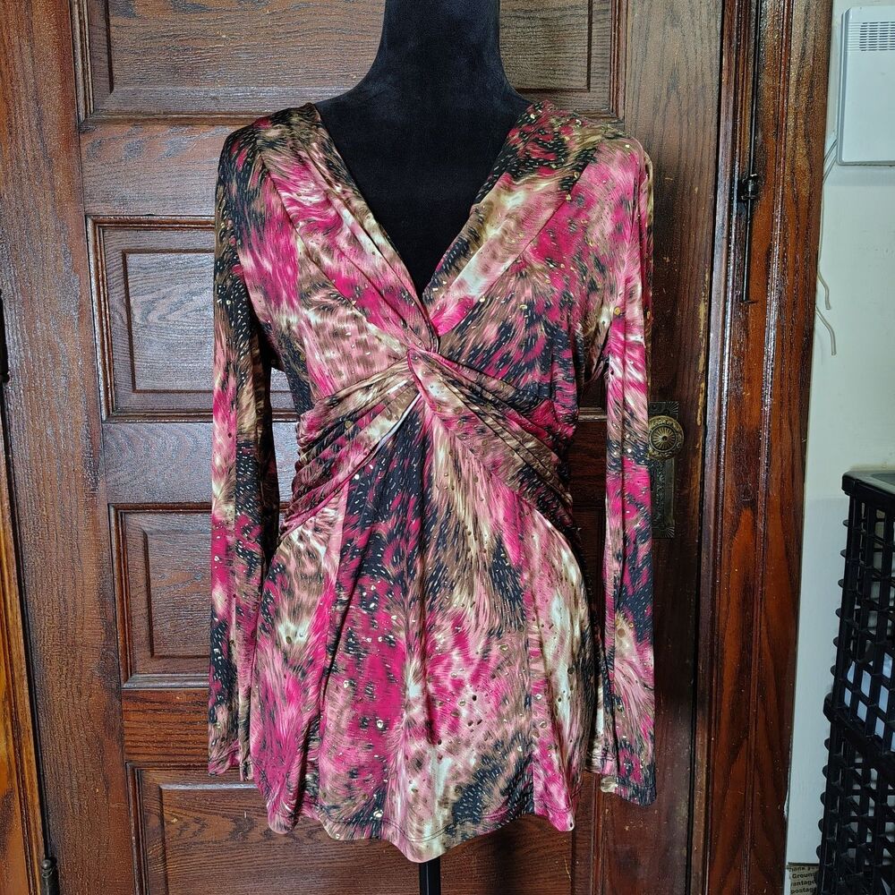 Leopard Print Gold Accents Mob Wife Twisted Not Under Breast Long Sleeve Top...